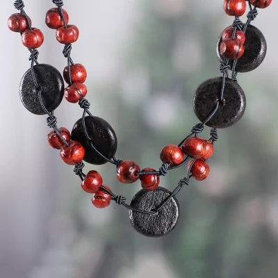 Wood beaded long strand necklace, 'Vivid Harmony' - Black Red Carved Painted Wood Beaded Long Strand Necklace