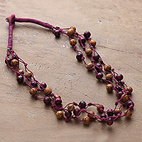 Wood beaded station necklace, 'Burgundy Essence' - Burgundy and Brown Haldu Wood and Cotton Station Necklace