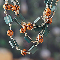 Wood beaded strand necklace, 'Rustic Waters' - Turquoise and Brown Haldu Wood Beaded Three-Strand Necklace