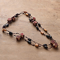 Wood beaded station necklace, 'Geometric Flames' - Geometric-Themed Painted Haldu Wood Beaded Station Necklace