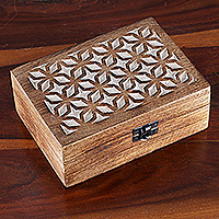 Wood decorative box, 'Floral Constellation Jali' - Jali-Inspired Floral Star Wood Rectangular Decorative Box