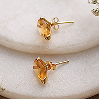 Gold-plated citrine stud earrings, 'Glorious Solar Gleam' - Indian-Made 22k Gold-Plated 3-Carat Citrine Stud Earrings