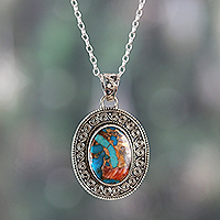 Sterling silver pendant necklace, 'Dancing Lagoon' - Artisan-Made Oval Reconstituted Turquoise Pendant Necklace