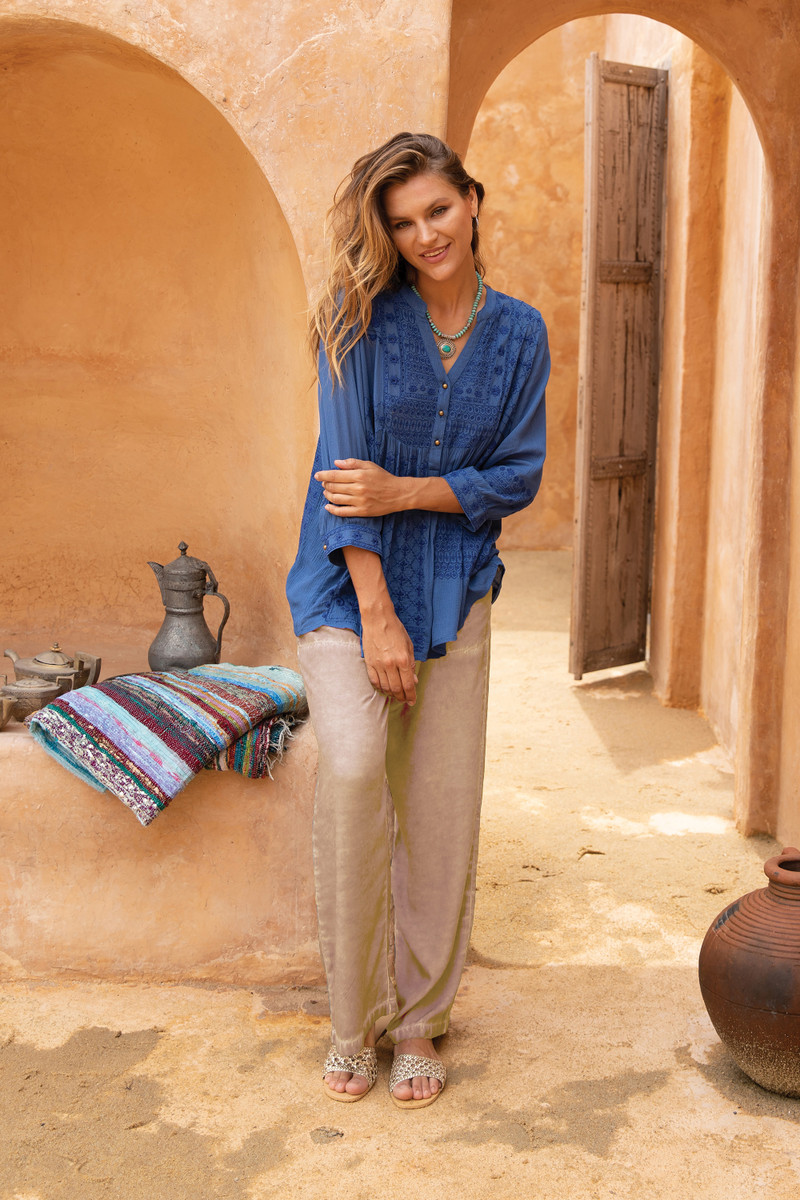 Traditional Embroidered Viscose Tunic in Azure Blue Hues