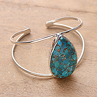 Sterling silver cuff bracelet, 'Sea Teardrop' - Ocean-Inspired Minimalist Composite Turquoise Cuff Bracelet