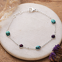 Sterling silver station bracelet, 'Turquoise Saga' - High-Polished Recon Turquoise Cabochon Station Bracelet