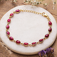 Gold-plated ruby link bracelet, 'Capricious Glam' - Six-Carat Ruby and 18k Gold-Plated Sterling Silver Bracelet