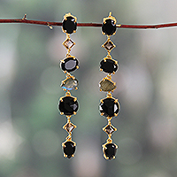 Gold-plated multi-gemstone dangle earrings, 'Victorious Darkness' - 21-Carat Faceted Multi-Gemstone Gold-Plated Dangle Earrings