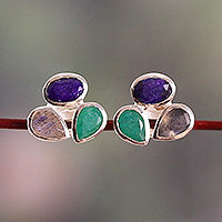 Multi-gemstone button earrings, 'Enchanted Trio' - Artisan-Made Sterling Silver Multi-Gemstone Button Earrings