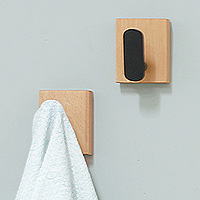 Wood wall hooks, 'Minimalist Aid' (pair) - Modern Minimalist Steam Beech Wood Wall Hook Pair from India