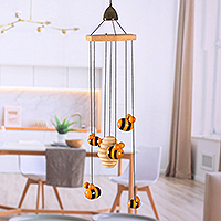 Wood mobile, 'Buzzing Beauty' - Bee-Themed Hand-Carved Aale Wood Mobile in a Glazed Finish