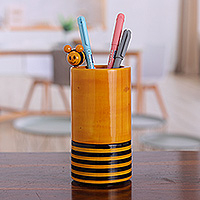 Wood pen holder, 'Bee Message' - Hand-Painted Bee-Themed Honey and Black Aale Wood Pen Holder