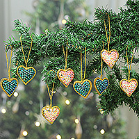 Embroidered and glass beaded ornaments, 'Heartfelt Holidays' (set of 8) - Set of 8 Embroidered and Beaded Heart-Shaped Ornaments