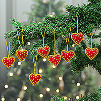 Embroidered and glass beaded ornaments, 'Love Celebration' (set of 8) - 8 Red Golden-Hued Heart-Shaped Embroidered Beaded Ornaments