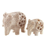 Soapstone sculptures, 'Elephant Bonds' (set of 2) - Jali-Themed 2-Piece Carved Soapstone Elephant Sculpture Set