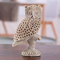 Soapstone sculpture, 'Nocturnal Whisper' - Owl-Themed Jali Soapstone Sculpture Hand-Carved in India