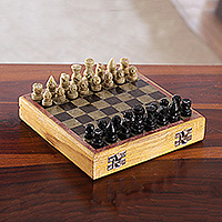 Soapstone and wood chess set, 'Royal Epic' - Artisan-Made Soapstone and Kadam Wood Chess Set from India