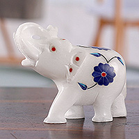 Alabaster figurine, 'Primaveral Regality' - Blue Spring-Themed Hand-Carved Alabaster Elephant Figurine