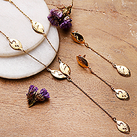 Brass jewelry set, 'Empress of Nature' - Leaf-Themed Brass Y Necklace and Dangle Earrings Jewelry Set