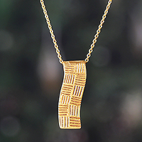 Brass pendant necklace, 'Gleaming Runway' - Modern-Inspired Textured Brass Pendant Necklace from India