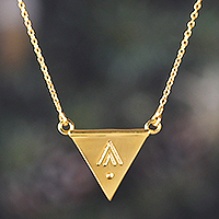 Brass pendant necklace, 'Prestige Pyramid' - Minimalist High-Polished Brass Pyramid Pendant Necklace