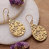 Brass dangle earrings, 'Primaveral Rain' - Drop-Shaped Spring-Themed Polished Brass Dangle Earrings