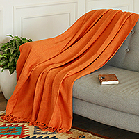 Cotton throw blanket, 'Persimmon Charm' - Fair Trade 100% Cotton Slubbed Throw Blanket in Persimmon