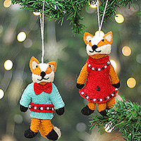 Wool felt ornaments, 'Witty Greetings' (set of 2) - Christmas-Inspired Fox Couple 2-Piece Wool Felt Ornament Set