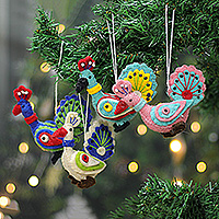 Wool felt ornaments, 'Festive Peacocks' (set of 4) - Multicolor Peacock-Shaped 4-Piece Wool Felt Ornament Set