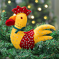 Wool felt tree topper, 'Rooster Festivity' - Whimsical Rooster-Themed Wool Felt Tree Topper from India