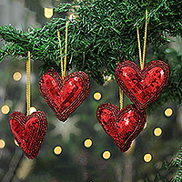 Beaded ornaments, 'Disco Hearts' (set of 4) - Crimson Sequin and Glass Beaded 4-Piece Heart Ornament Set