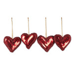 Beaded ornaments, 'Disco Hearts' (set of 4) - Crimson Sequin and Glass Beaded 4-Piece Heart Ornament Set