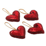 Beaded ornaments, 'Disco Hearts' (set of 4) - Crimson Sequin and Glass Beaded 4-Piece Heart Ornament Set