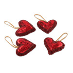 Beaded ornaments, 'Disco Hearts' (set of 4) - Crimson Sequin and Glass Beaded 4-Piece Heart Ornament Set