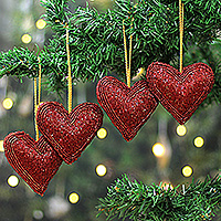 Beaded ornaments, 'Glamour Hearts' (set of 4) - Glass Beaded 4-Piece Heart Ornament Set in Crimson Hues