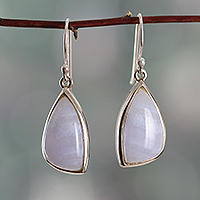 Agate dangle earrings, 'Lacy Blue' - Polished Silver Dangle Earrings with Lace Agate Stones