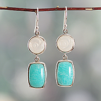 Amazonite and agate dangle earrings, 'Morning Sea' - Modern Geometric Amazonite Agate Silver Dangle Earrings