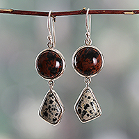 Obsidian and jasper dangle earrings, 'Speckled Harmony' - Speckled Modern Obsidian Jasper Silver Dangle Earrings