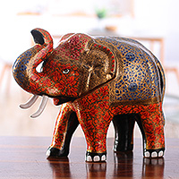 Papier mache and wood sculpture, 'Dynastic Giant' - Artisan-Made Floral Painted Papier Mache Elephant Sculpture