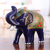 Wood and papier mache sculpture, 'Royal Idol' - Classic Royal Elephant-Themed Blue and Golden Wood Sculpture