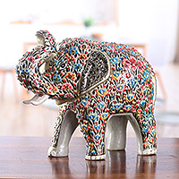 Wood and papier mache sculpture, 'Floral Elephant' - Spring-Themed Wood and Papier Mache Royal Elephant Sculpture