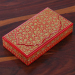 Papier mache decorative box, 'Red Whispers of Autumn' - Hand-Painted Leaf-Themed Papier Mache Wood Decorative Box
