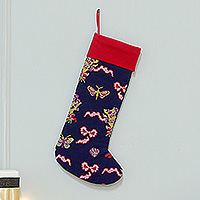 Embroidered suede Christmas stocking, 'Holiday Fantasy' - Butterfly-Themed Cross-Stitch Embroidered Christmas Stocking