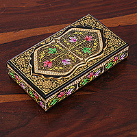 Papier mache decorative box, 'Black Chinar Embrace' - Hand Painted Papier Mache Wood Leaf Floral Decorative Box