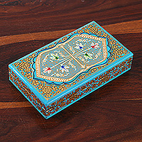 Papier mache decorative box, 'Aqua Chinar Embrace' - Aqua Hand Painted Folk Art Papier Mache Wood Decorative Box