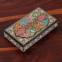 Papier mache decorative box, 'Black Kashmir Treasures' - Papier Mache Wood Decorative Box Hand-Painted in India