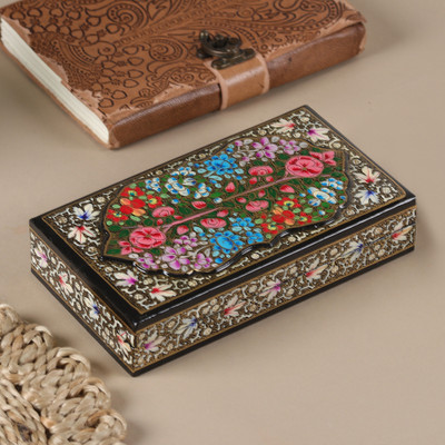 Papier mache decorative box, 'Black Kashmir Treasures' - Papier Mache Wood Decorative Box Hand-Painted in India