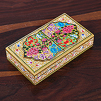 Papier mache decorative box, 'Gold Kashmir Treasures' - Golden-Hued Hand-Painted Papier Mache Wood Decorative Box