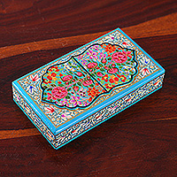 Papier mache decorative box, 'Aqua Kashmir Treasures' - Papier Mache Wood Decorative Box with Floral and Leaf Motifs