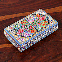 Papier mache decorative box, 'Blue Kashmir Treasures' - Nature Themed Hand-Painted Papier Mache Wood Decorative Box